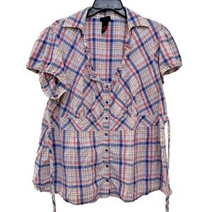 Torrid Womans Plaid Cottagecore Ruffle Top Size 2 Red Blue Gingham Tie Front